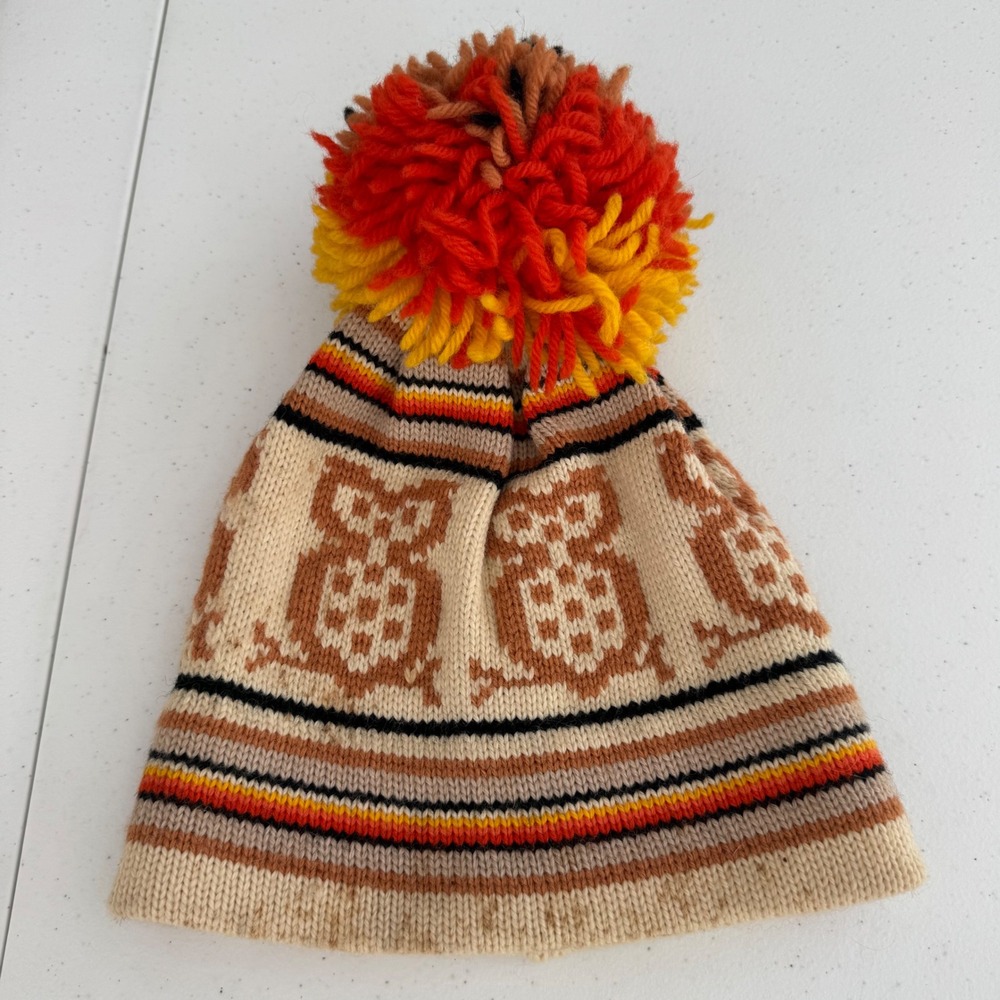 Vintage‎ Owl MCM Pure Wool Knit Pom Pom Beanie Hat Unisex Retro Striped Cap Vtg